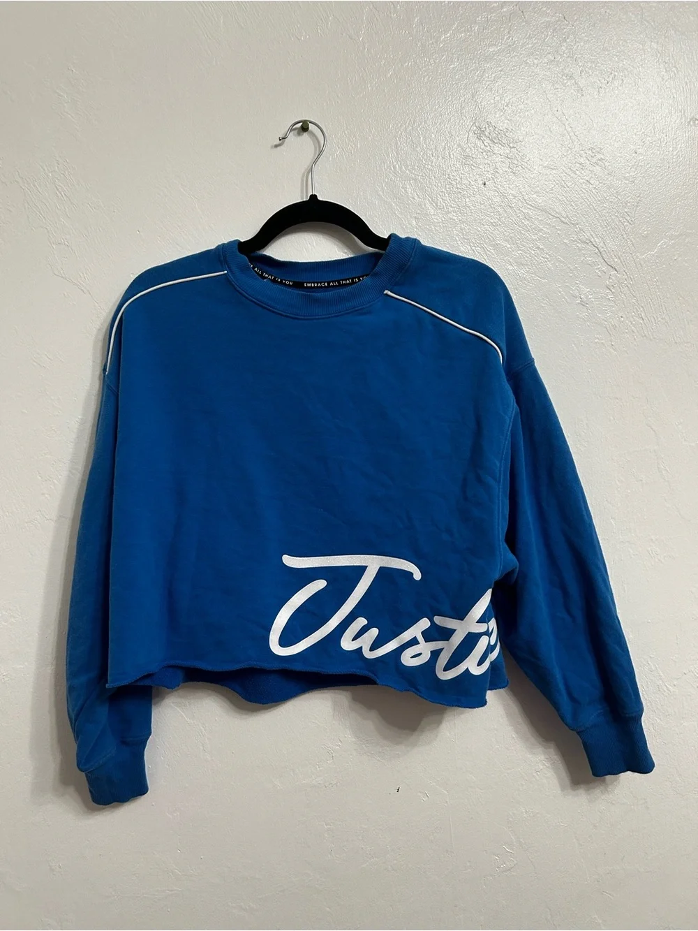 Justice Royal Blue Cropped Crewneck Sweatshirt with White Script